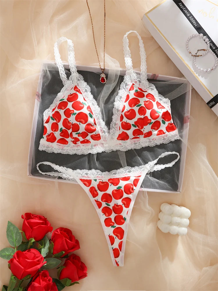 Women's Cute Apple Print Lingerie Set Wireless Triange Bra&Thong 2 PCS Bralette Sets Sweet Fruit Pattern Intimate Lace Underwear