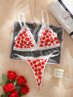 Women's Cute Apple Print Lingerie Set Wireless Triange Bra&Thong 2 PCS Bralette Sets Sweet Fruit Pattern Intimate Lace Underwear