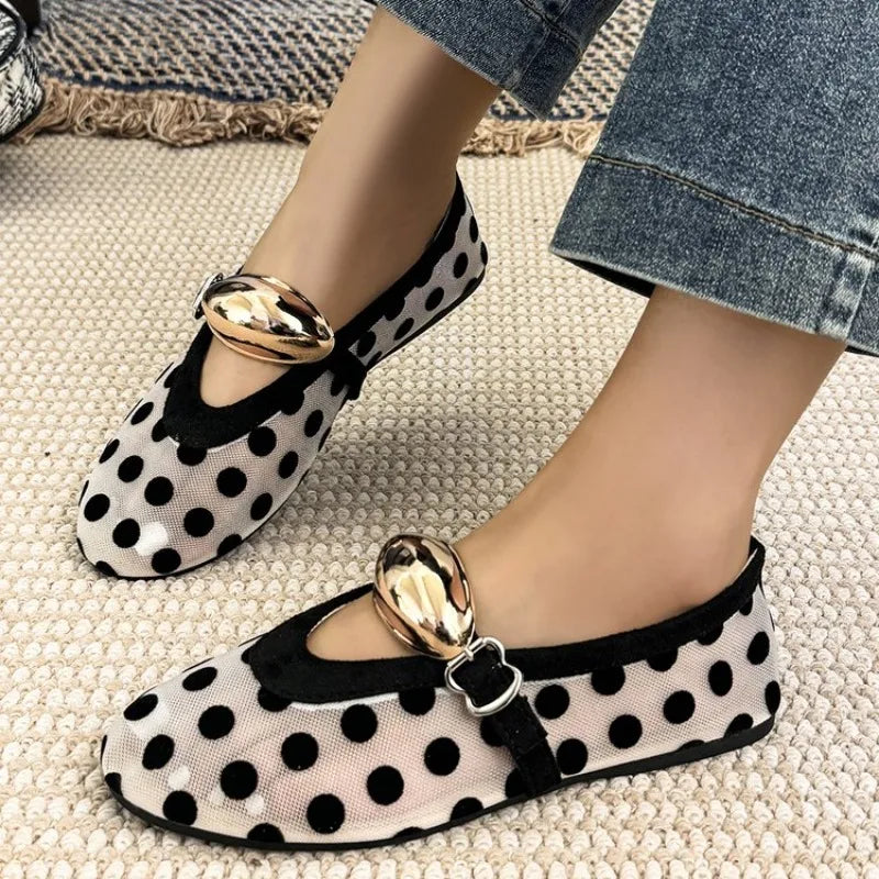Korean Sle Polka Dot Me Breathable Flat Bot Mary Jane oes Women's Ballet Sle round Head Single oes Soft Bot