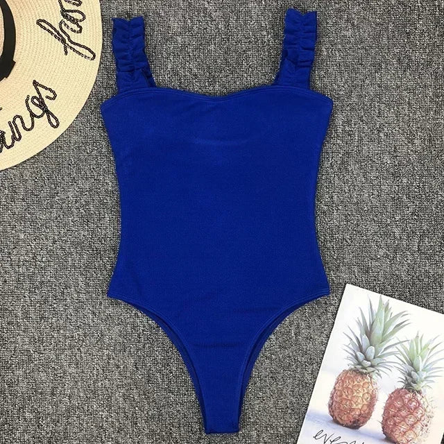 Ribbed Ruffled Frilled Trim Female Swimwear One Piece Swimsuit Women Monokini High Leg Cut Bathing Suit Swim Bodysuit Beach Wear