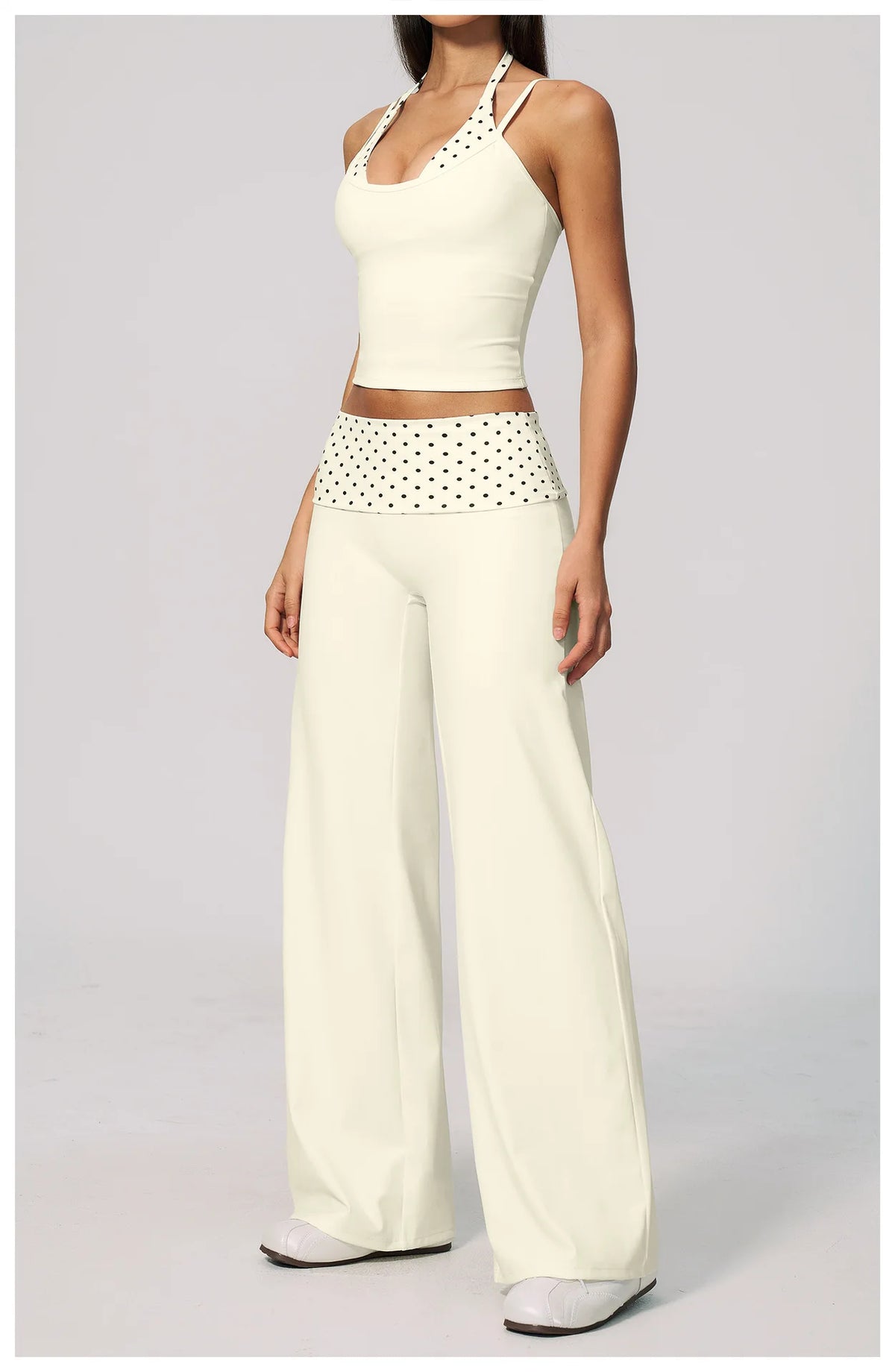 Women's 2 Piece Yoga Set Halter Neck Crop Top Fold Over Waist Wide Legged Flare Trousers Polka Dot Striped Gym Workout Running