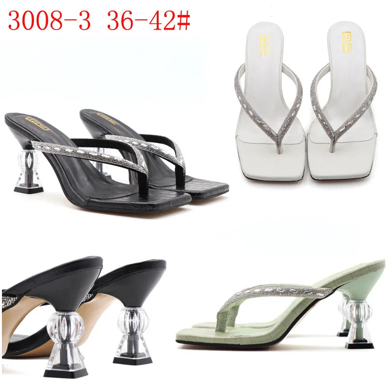 2025 Summer Flip Flops Crystal Slides Women 8cm High Heels Mules Crystal Glitter Block Low Heels Slippers Glitter Platform Shoes