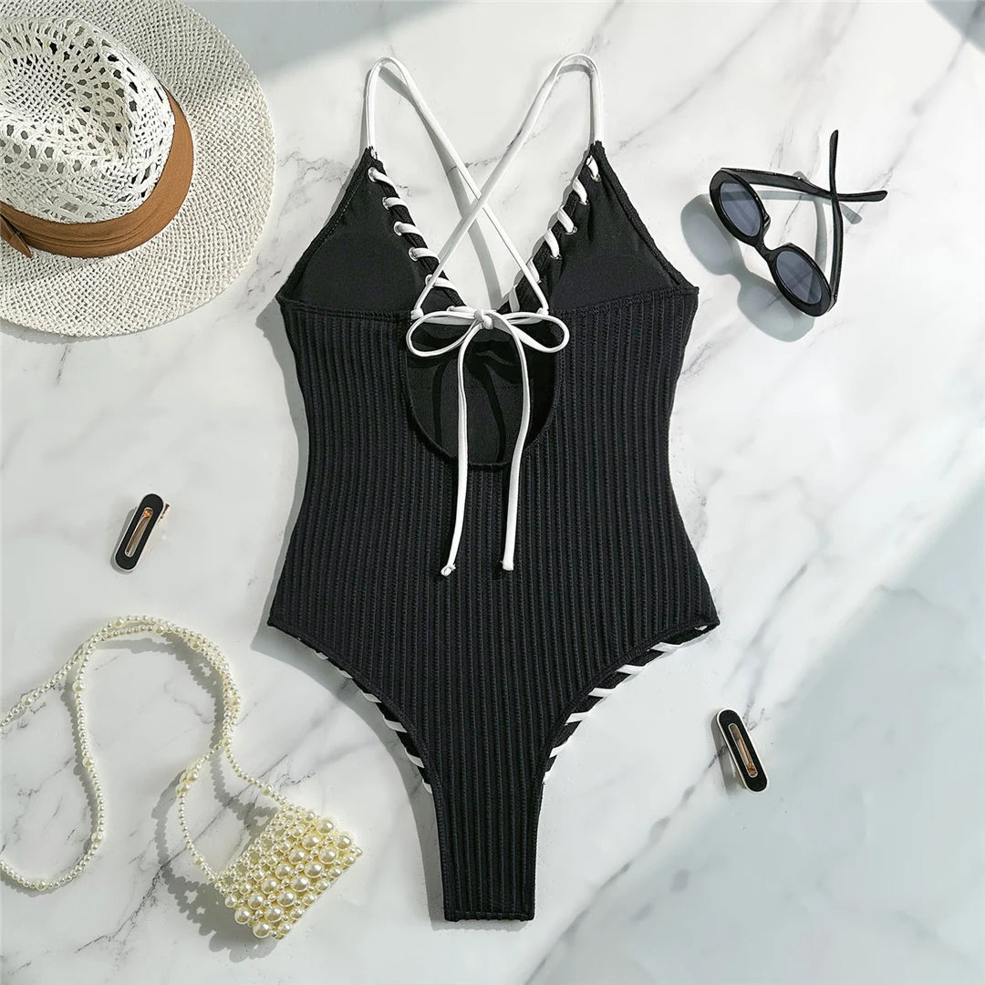 5 Colors V Neck Ribbed Cross Back One Piece Swimsuit Women Swimwear Female High Leg Cut MonokiniBather Bathing Suit Swim V6278