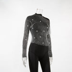 Women Rhinestone Fishnet T-shirt Solid Color Long Sleeve Crop Tops See Through Hollow Out Sexy Shirts Female Smock Tops