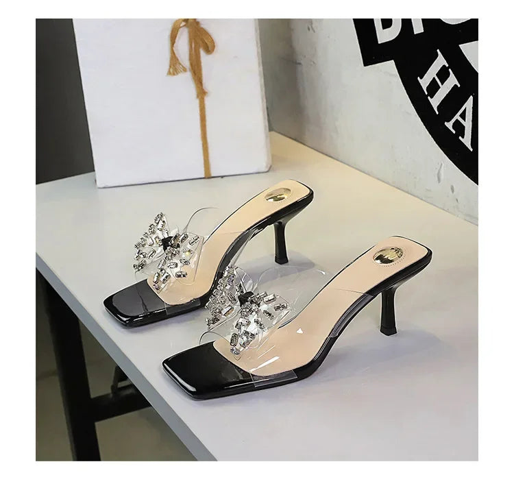 BIGTREE New Crystal Slippers Shoes Women Fine High Heels Transparent Sandals Female Slippers Sexy Outside Beaded Beach Shoes