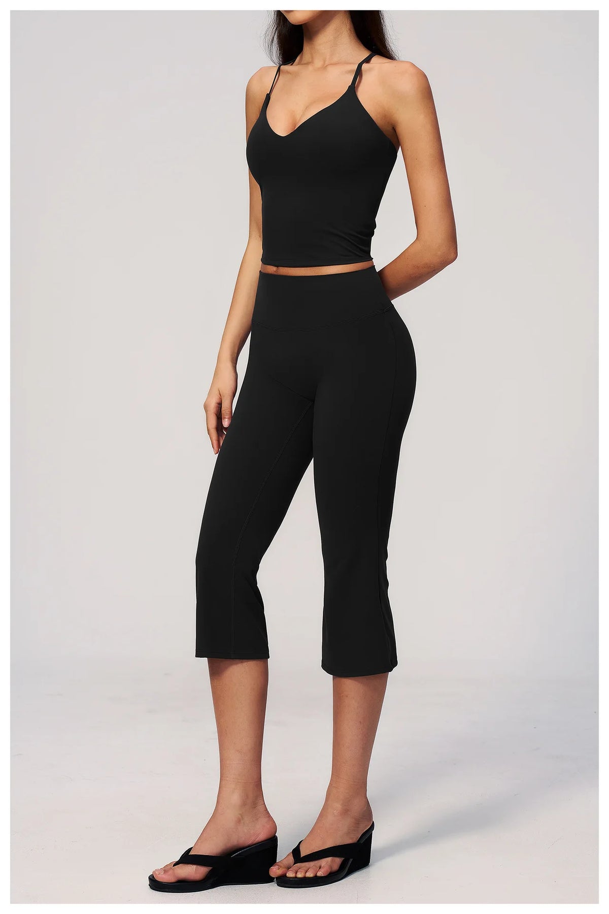 Summer New Yoga Clothing Women Solid V Neck Slim Sports Tank Top Athletic Wear High Waist Butt Lift Mid Pants Gym Fitness Suits