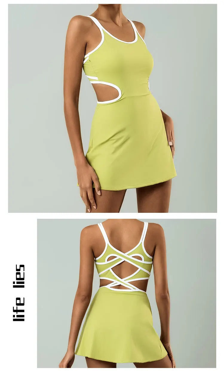 Tennis Dress Women Sleeveless Push Up Padded Sport Dresses Training Running Fitness Hollow Out Backless Slim Badminton Suit