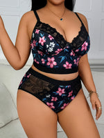 Lace Floral Print Lingerie Set Sexy Wireless Bra Plus Size Push-Up Thin Breathable Seamless Adjustable
