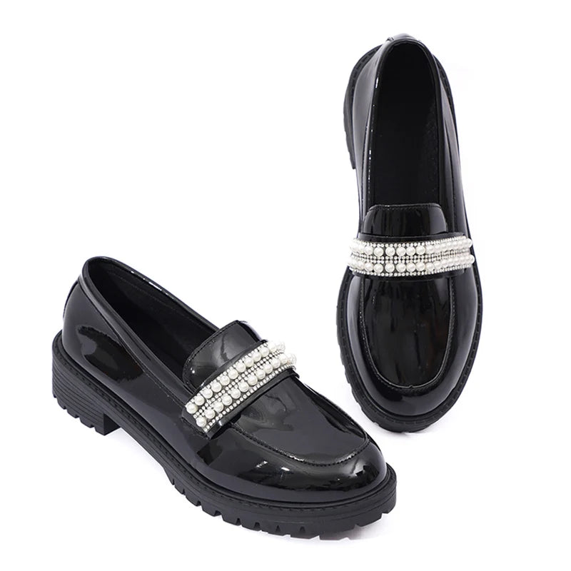 Fashion Pearls Decor Platform Loafers Women College Style Thick Heels Pu Leather Shoes Woman Plus Size 43 Student Shoes Female