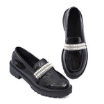 Fashion Pearls Decor Platform Loafers Women College Style Thick Heels Pu Leather Shoes Woman Plus Size 43 Student Shoes Female