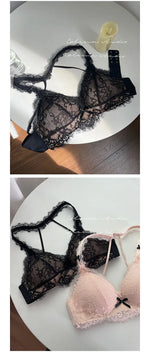 Elegant French Halter Neck Bra Set, Lace Wireless Bralette for Small Bust, Push Up Sensual Underwear Bralette & Panty MOYISU Bra