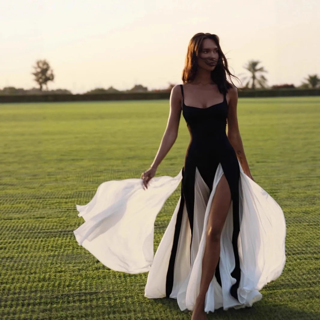 Color Matching Spaghetti Strap Dresses Women Sexy Low Cut Slim Slit Long Dress Fashion Party Prom Evening Vestidos Female