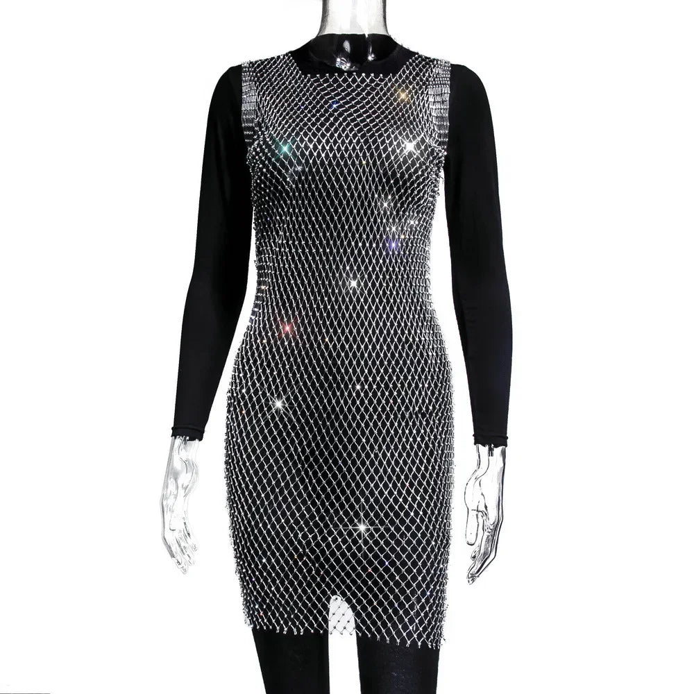 XS-2XL 15 Colors Rhinestones Fishnet Dress O-Neck Grid Swimsuit Bikini Cover Up Beach Pool Party Cover-ups for Swimwear Women