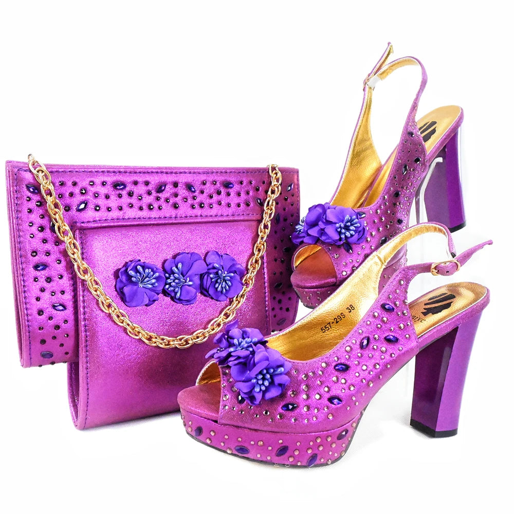 Doershow New Arrival African Wedding Shoes and Bag Set gold Color Italian Shoes with Matching Bags Nigerian lady partyHJK1-14