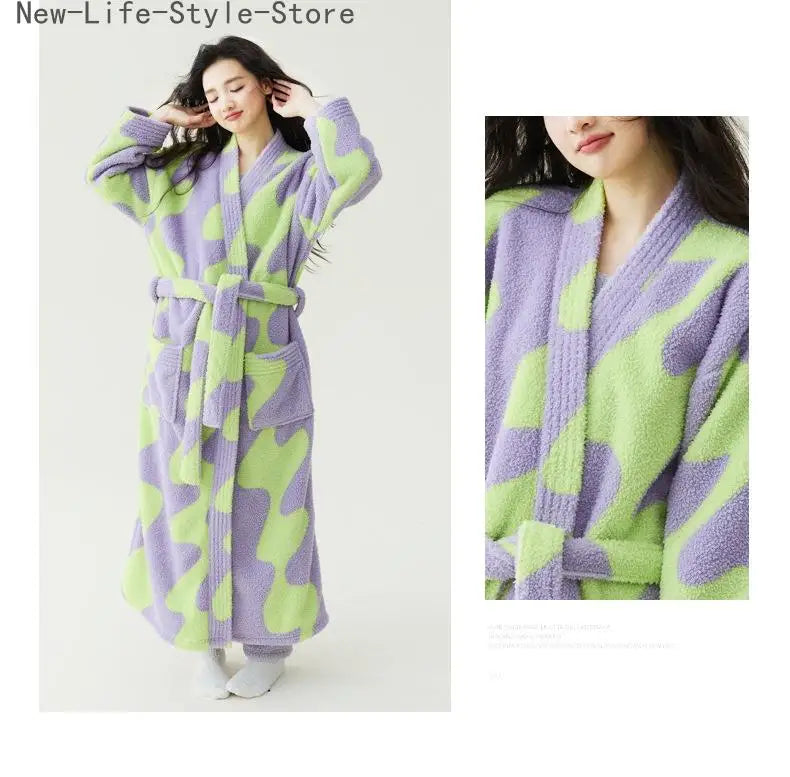 Women New Autumn Winter Thickened Anti-Static Coral Fleece Beauty Velvet Extra Long Bathrobe Sleep Loungewear Robe