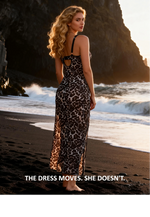 Leopard Print Mesh Lace Nightgown for Women Wild Animal Sleepwear See Through Deep V Long Split Open Back Sexy Lingerie Dress