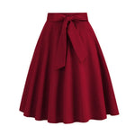 Women Skirt A-line Big Swing Belted Tight Waist Bow Decor Solid Color High Waist Soft Ruffle Summer Dating Party Midi Skirt
