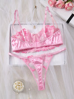 Pink Cherry Blossom Embroidered Lace Underwear Set - Sexy See-through Mesh Semi-cup Shaping Bra Thong Panties ZA825121