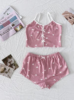 Cute Heart Print Pajama Set Women's Ribbed Cami Top & Shorts Bow Detail Sleepwear Loungewear Soft Comfortable Pj Set New Fashion