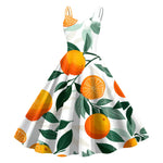 Vintage Fruit Print Dress For Women Elegant High Waist A Line Swing Dress Rockabilly 60s 50s Retro Spaghetti Strap Maxi Robe