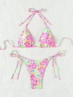 Blue Floral Print 2 Piece Micro Bikini Set for Women 2025 New Push Up Bra Thong Swimsuit Beach Bathing Suit Holiday Swimwear