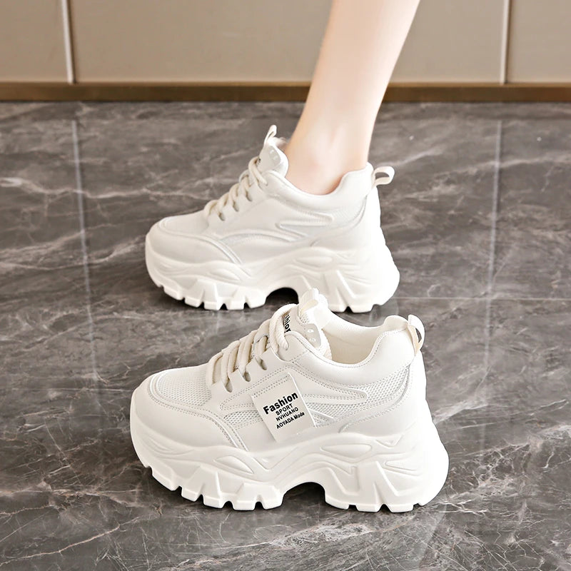 Fashion Lace Up Chunky Sneakers for Women Comfort Breathable Platform Sports Shoes Woman Pu Leather Thick Bottom Running Shoes