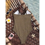 S - XL Striped Plaid V Neck Women Swimwear One Piece Swimsuit Female Frilled High Leg Cut Padded Bather Bathing Suit Swim V8288
