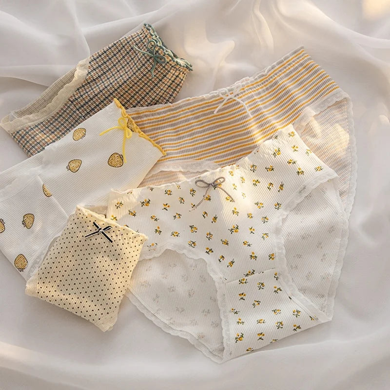 1 Pack Women Ultra-Soft Cotton Briefs Ditsy Floral Gingham Panties Ladies Sexy Lingerie Breathable Mid Rise Underwear M-4XL