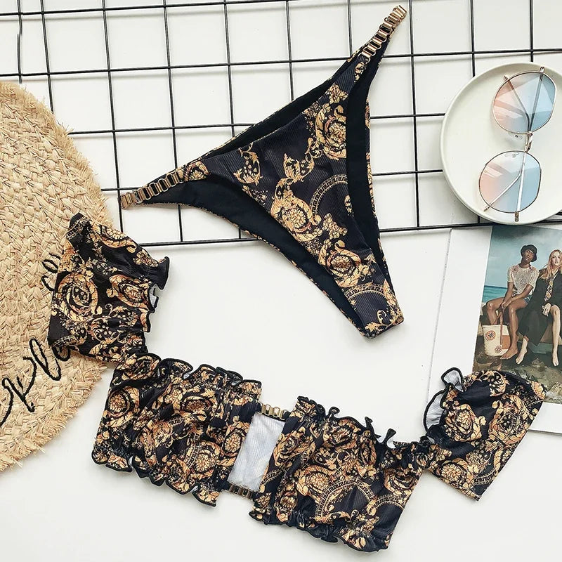 Floral Print Off Shoulder Bikini 2025 High Cut Swimsuit Women Female Brazilian Swimwear Two pieces Bikini set Bathing Suit Swim