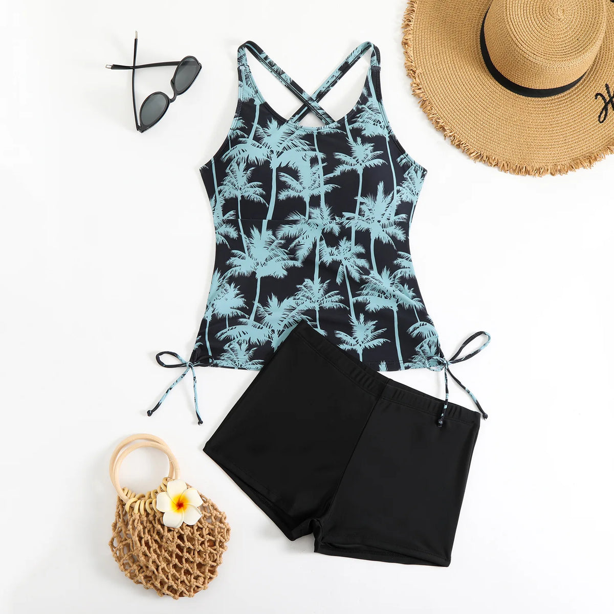 High Waist Swimwear Women 2025 New Two Pieces Swimsuit with Shorts Coconut Palm Print Tankini Set Summer Bathing Suit Trunks