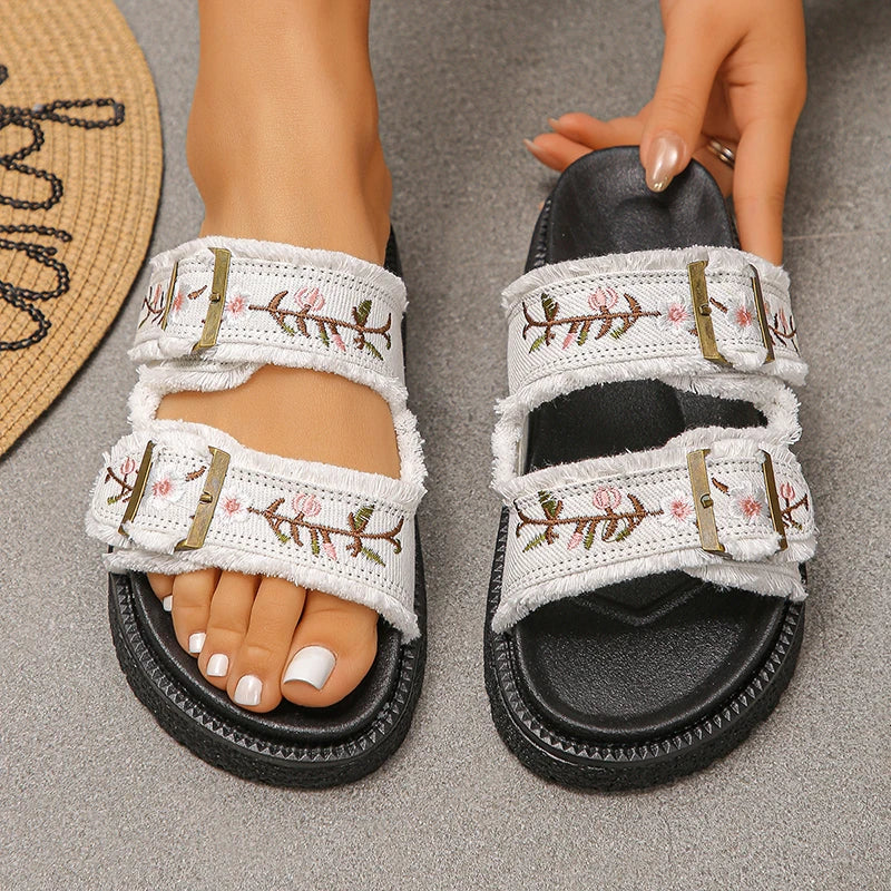 2026 New Flowers Embroidery Platform Slippers Women Fashion Denim Thick Bottom Sandles Woman Plus Size 43 Non Slip Beach Sandals