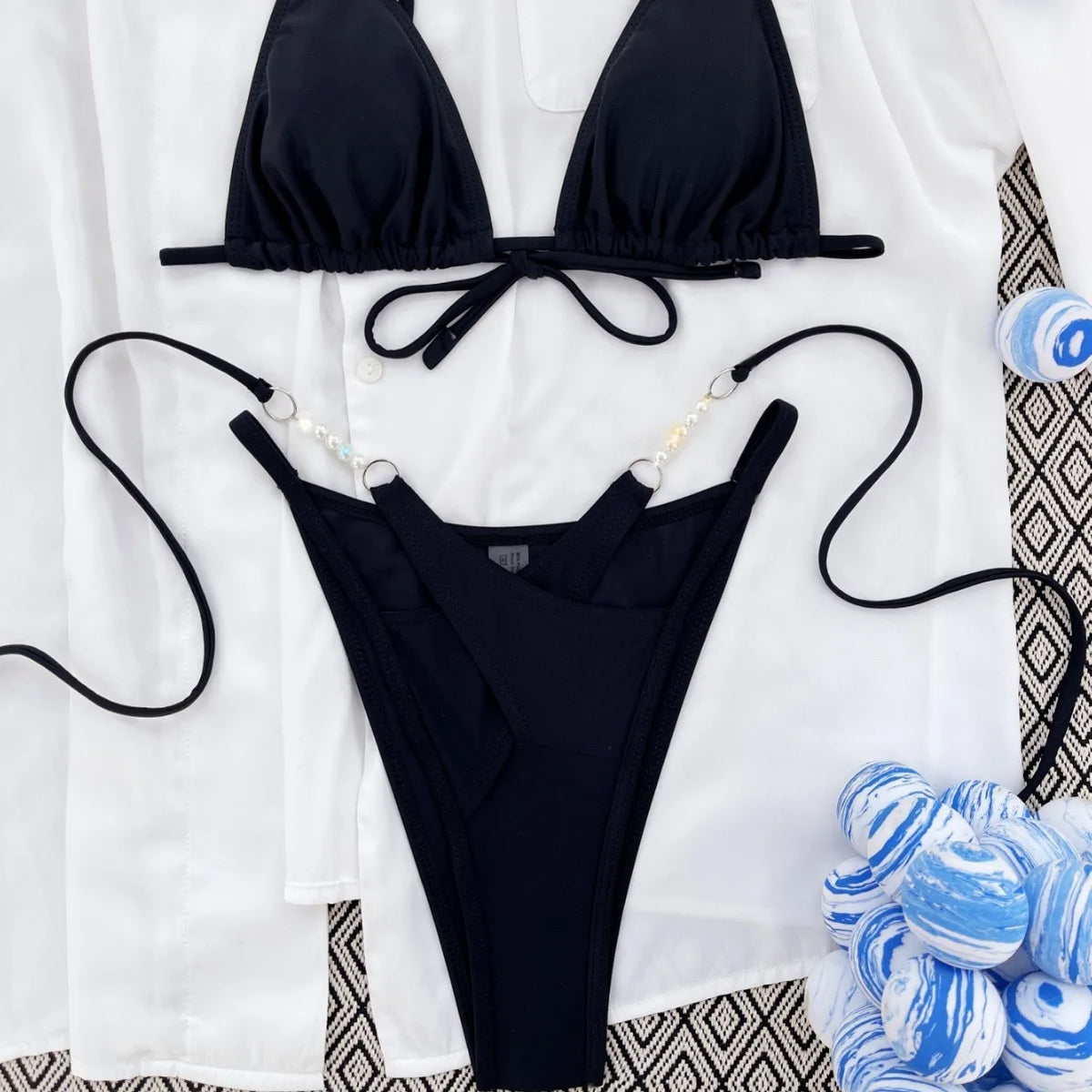DEKA Brazilian Pearl Bikini Set Hollow Out Black Triangle Swimwear Strap Push Up Micro Swimsuit High Waist Beach Bathing Suit