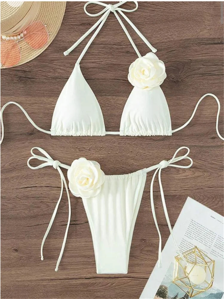 Sexy Bikini Set Women Swimsuit 2024 Black White 3D Floral Print Micro Bikinis Brazilian Cutout Beach Bathing Suit Thong Swimwear