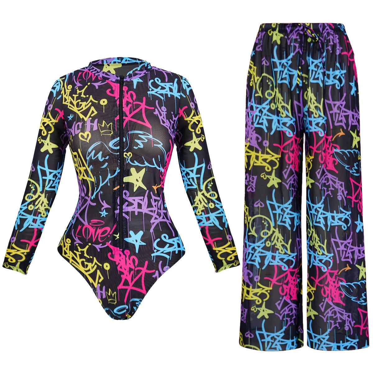 2025 New Long Sleeve Vintage Print One Piece Swimwear Zipper Conservatism Women Bathing Suit With Long Pants Surfing Swim Suit