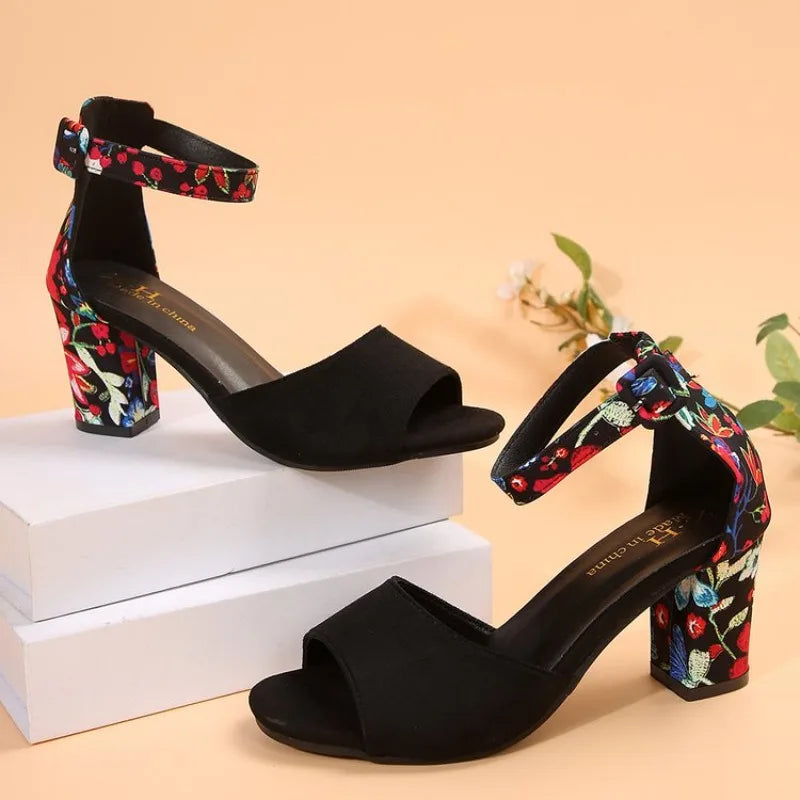 Women 2026Summer Shoes Sqaure High Sandals Vintage Flower Print Open Toe High Heels Woman Casual Buckle Ankle Strap Sandalse
