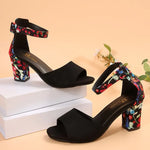 Women 2026Summer Shoes Sqaure High Sandals Vintage Flower Print Open Toe High Heels Woman Casual Buckle Ankle Strap Sandalse