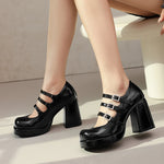 Plus Size Women Red Patent Leather Platform Mary Jane Shoes 3 Rhinestone Buckle Straps Chunky BlockY2K Lolita Party Pumps