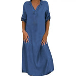 Autumn Spring Women Dress V Neck Loose Short Sleeves with Cufflink Split Hem Dress Buttons Pullover A-line Beach Maxi Dress
