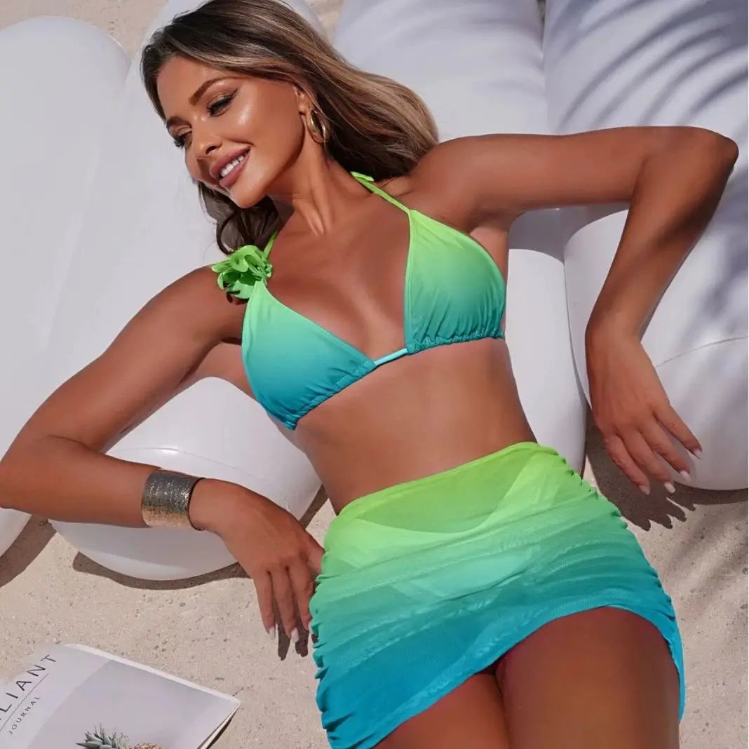 DEKA New Gradient Color Bikinis Sets With Skirt Push Up Beachwear Sexy Women's Swimsuit Cover-ups Strappy Beach Wear