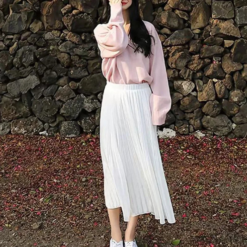 High Waist Elastic Pleated Skirt for Women Spring Summer Chiffon Skirts Vintage Patchwork White Black Long A-Line Skirt
