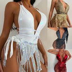 New Shiny One Piece Swimsuit Sexy White Snakeskin Print Deep V Neck Swimwear Backless Bathing Suit Sequin Tassel Skirt Monokini