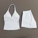 2 Piece Yoga Set Women Halter Deep V Neck Wrap Top Quick‑Dry Athletic Shorts Stretchy Gentle on Skin Suit Gym Workout Sportswear
