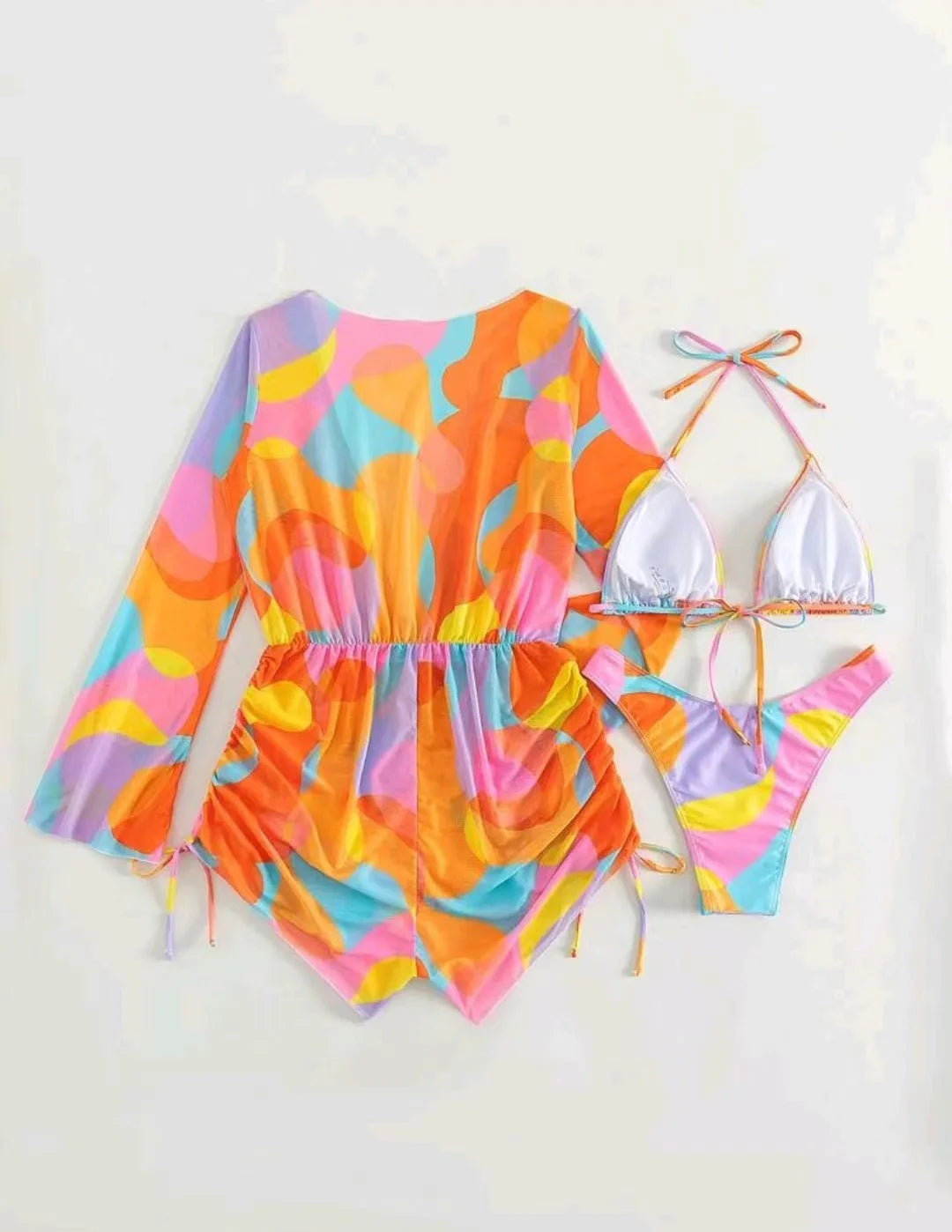 2024 New Swimsuit 3 Pcs Set Thong Bikini with Rompers Womens Jumpsuit Beach Wear Print Swimwear Sexy Bathing Suit Pool Beachwear