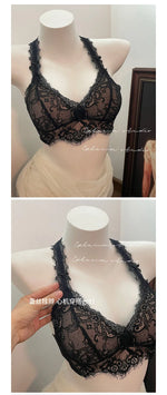 Elegant French Halter Neck Bra Set, Lace Wireless Bralette for Small Bust, Push Up Sensual Underwear Bralette & Panty MOYISU Bra