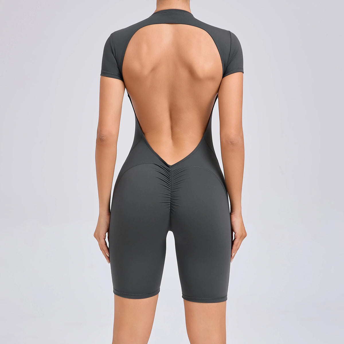 Padded Backless Yoga Cycling jumpsuitWomen Zipper GYM Sportswear Fitness One Piece Sports Suit V Back Workout Playsuit
