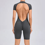 Padded Backless Yoga Cycling jumpsuitWomen Zipper GYM Sportswear Fitness One Piece Sports Suit V Back Workout Playsuit