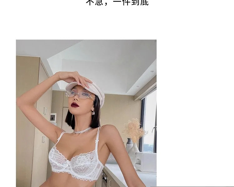 French Sexy Lace Bra for Small Boobs, Wirefree Bralette Ultra Thin, Light Support Traceless Bra Women White Lingerie Set MOYISU