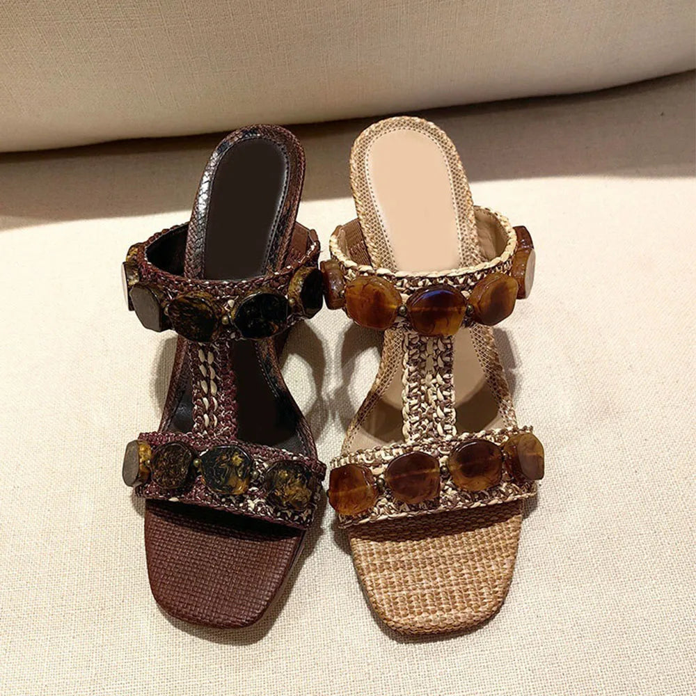 Boho Raffia Comfortable 8cm High Heels Wedge Slide Mules T-Strap Vacation Beach Straw Heels Espadrille Wedge Sandals Women Shoes