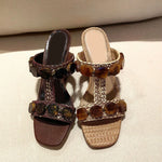 Boho Raffia Comfortable 8cm High Heels Wedge Slide Mules T-Strap Vacation Beach Straw Heels Espadrille Wedge Sandals Women Shoes