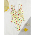 S - XL Cherry Printed Plaid Cut Out One Piece Swimsuit Women Swimwear Female Frilled High Leg Cut Bather Bathing Suit Swim V7557